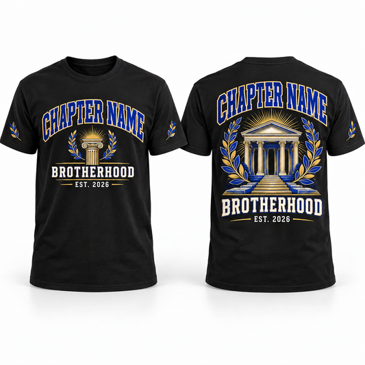 Custom Fraternity Chapter full-color printed black T-shirt front back and sleeve sample