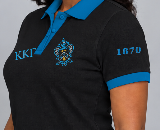 Kappa Kappa Gamma premium embroidered black solid contrast trim polo on model - founding year sleeve detail