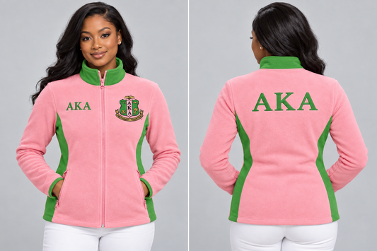 Alpha Kappa Alpha fitted Salmon Pink and Apple Green polar fleece jacket on woman model, front and back