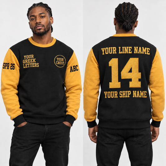 Embroidered chapter sweatshirt front and back on model with line name number ship name and correct crossing year chapter sleeve details
