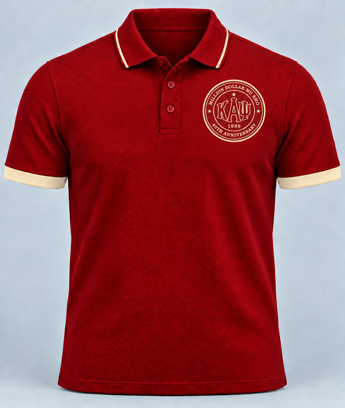 Exact crimson and cream Mu Rho chapter anniversary polo design for custom order of 80