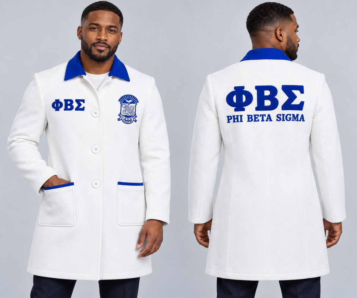 Black male model wearing Phi Beta Sigma fitted premium wool blend coat in white and royal blue, premium chenille Greek letters and embroidered crest, front and back views.