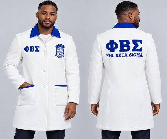 Black male model wearing Phi Beta Sigma fitted premium wool blend coat in white and royal blue, premium chenille Greek letters and embroidered crest, front and back views.