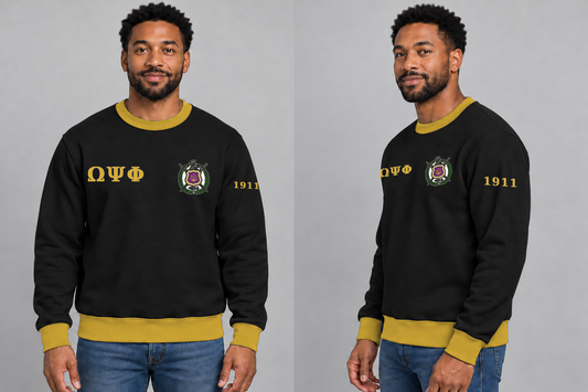 Omega Psi Phi premium embroidered black solid contrast trim crewneck sweatshirt on model - front and side
