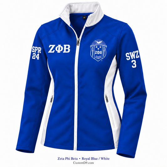 Zeta Phi Beta royal blue and white jacket with front and sleeve embroidery