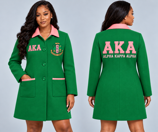 Black woman modeling Alpha Kappa Alpha apple green and salmon pink fitted premium wool blend coat with chenille Greek letters and embroidered crest, front and back views.