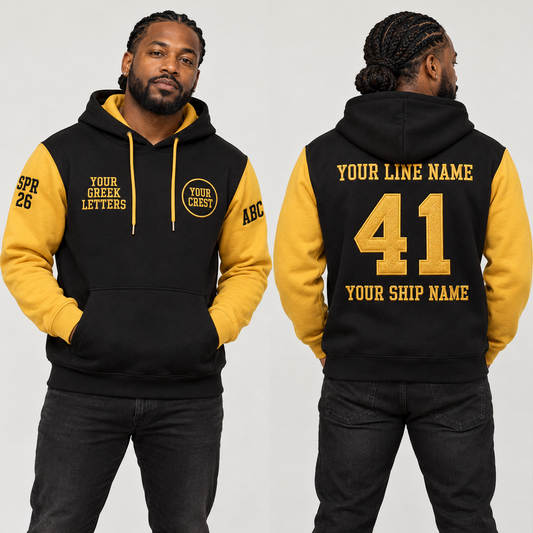 Pullover Hoodie Black Gold embroidered line name number ship name front back and sleeves on model