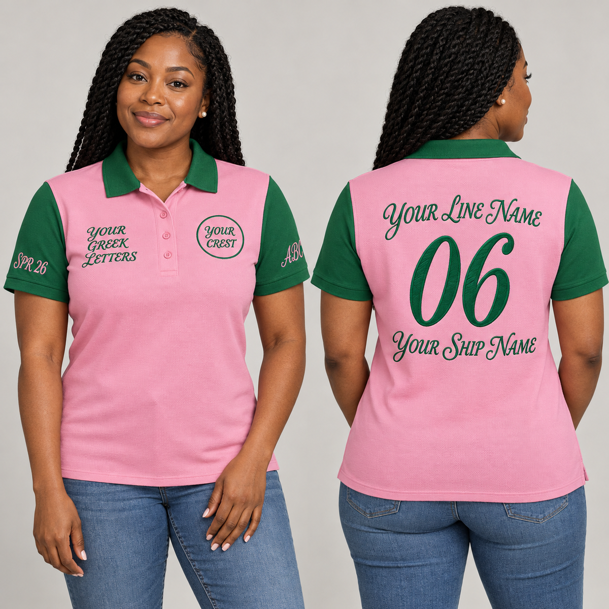Pink Green embroidered chapter polo with crest letters line name number ship name crossing year and chapter initials