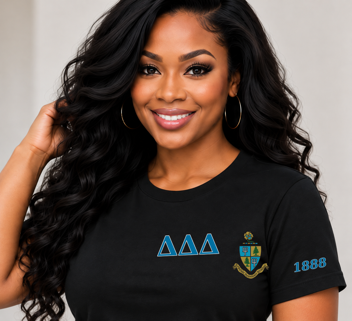 Delta Delta Delta Black classic printed T-shirt — model close-up