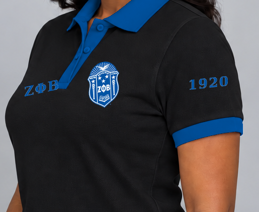 Zeta Phi Beta premium embroidered black solid contrast trim polo on model - founding year sleeve detail