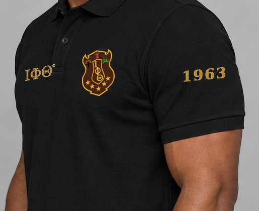 Iota Phi Theta premium embroidered black solid polo on model - founding year sleeve detail