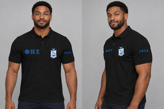 Phi Beta Sigma premium embroidered black solid polo on model - front and side
