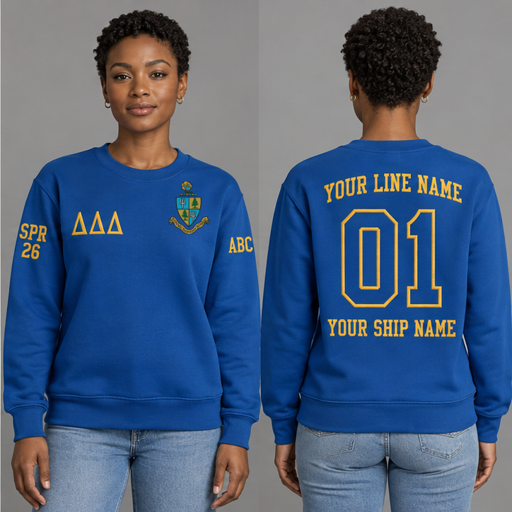Delta Delta Delta Cerulean Blue crewneck sweatshirt on an adult model, Gold Greek letters ΔΔΔ, original supplied crest, sample line name, line number 01 and ship name, right sleeve SPR 26 and left sleeve ABC.