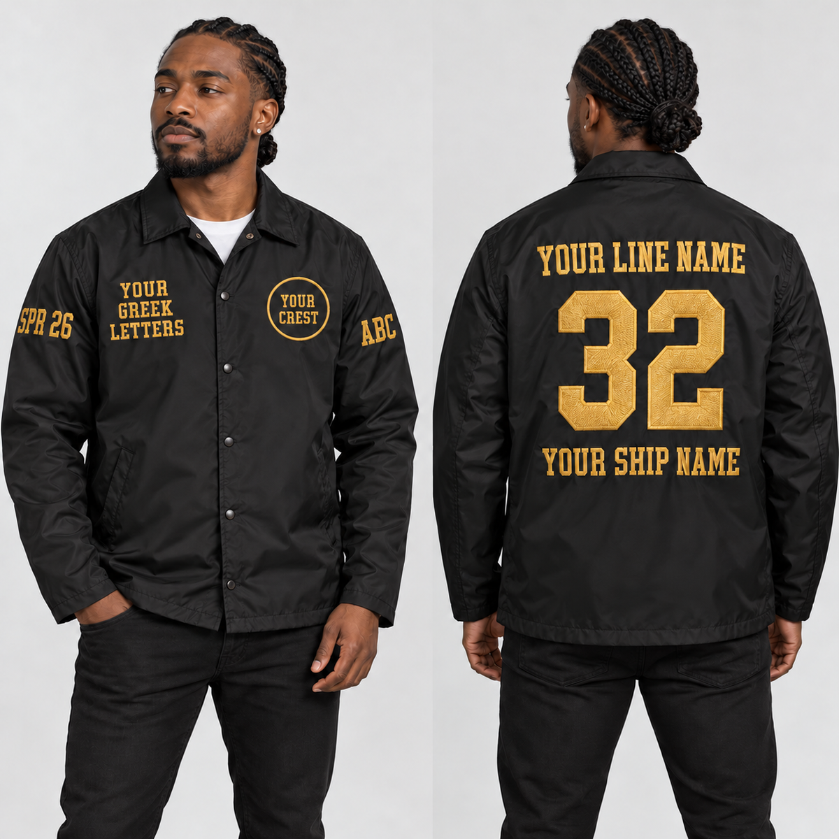Coach Line Jacket Black Gold embroidered line name number ship name front back and sleeves on model