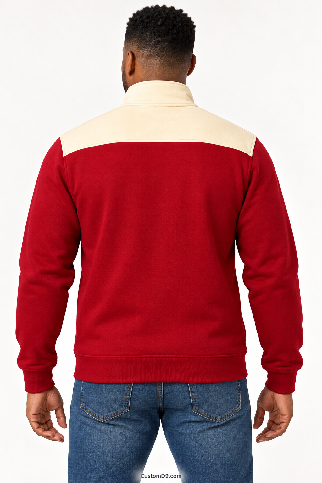Black male model showing back of Kappa Alpha Psi crimson quarter-zip with cream shoulder panel