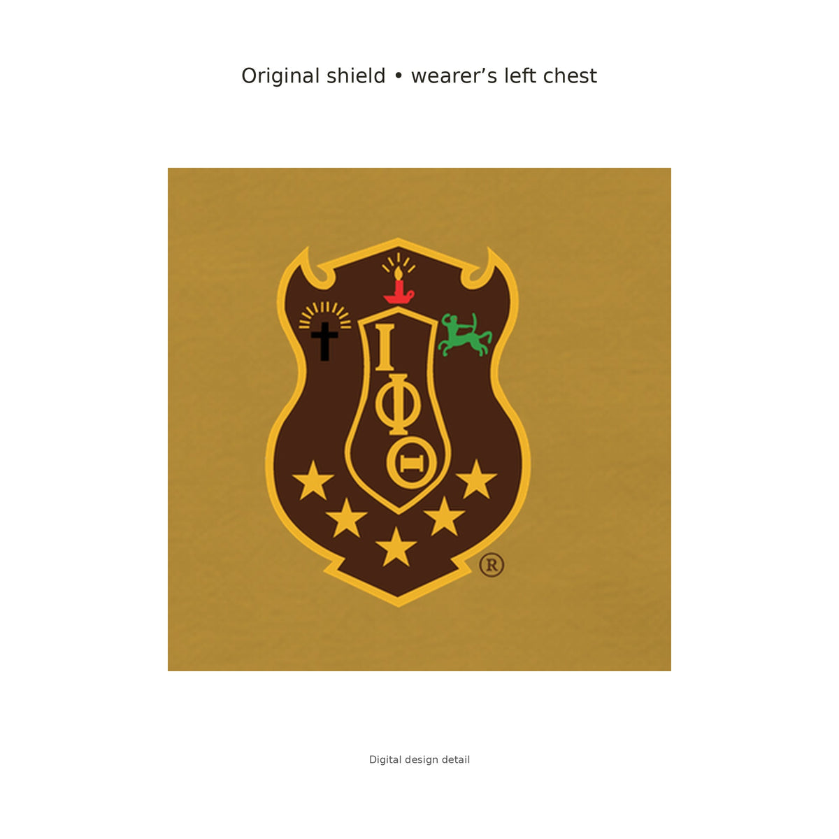Digital design detail: the exact original Iota Phi Theta brand-kit shield, preserving its original colors, placed on the gilded gold T-shirt