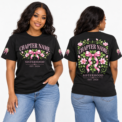 Custom sorority chapter full-color printed T-shirt on a model, front and back