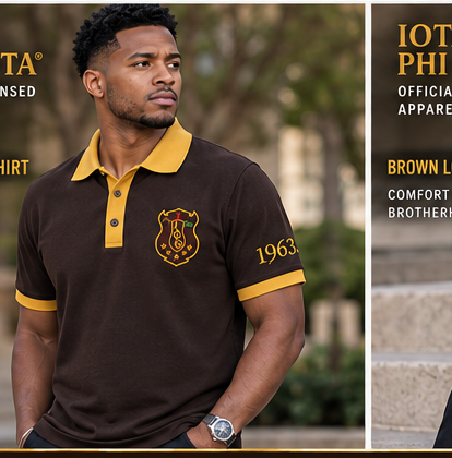 Officially Licensed Iota Phi Theta Charcoal Brown & Gilded Gold Polo – Custom Embroidery on model