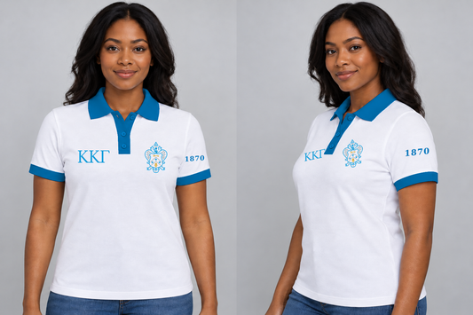 Kappa Kappa Gamma premium embroidered white solid contrast trim polo on model - front and side