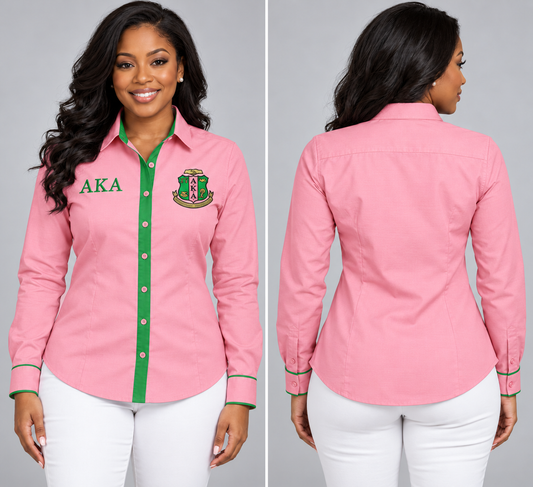 Alpha Kappa Alpha fitted salmon pink and apple green Oxford shirt with embroidered crest and ΑΚΑ, front and back on a model