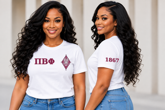 Pi Beta Phi White classic printed T-shirt — model front and side
