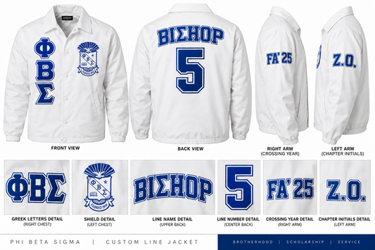 White Phi Beta Sigma custom line jacket with shield, BIΣHOP line name, number 5, FA 25 and Z.O.