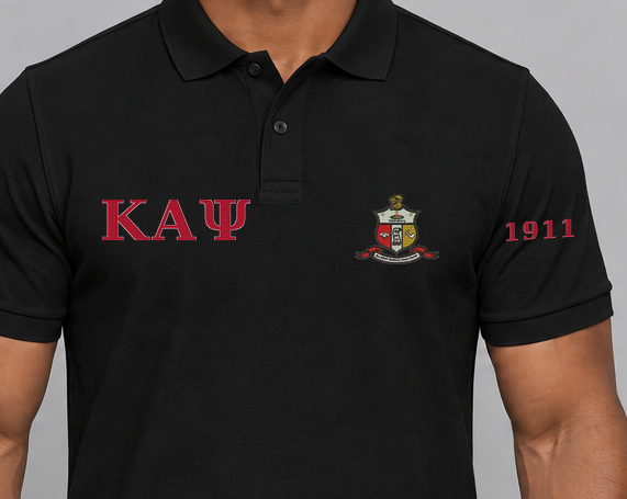 Kappa Alpha Psi premium embroidered black solid polo on model - chest embroidery close-up