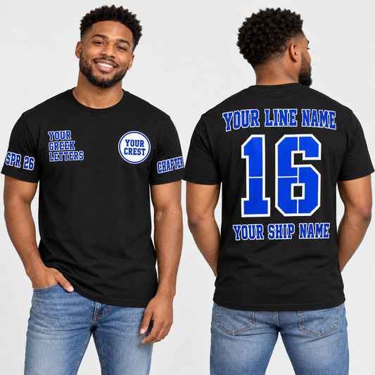 Custom Fraternity Split Varsity Black line name number ship name crossing shirt