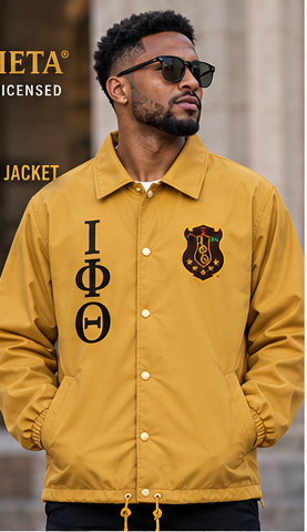 Officially Licensed Iota Phi Theta Gilded Gold & Charcoal Brown Line Jacket – Custom Embroidery on model
