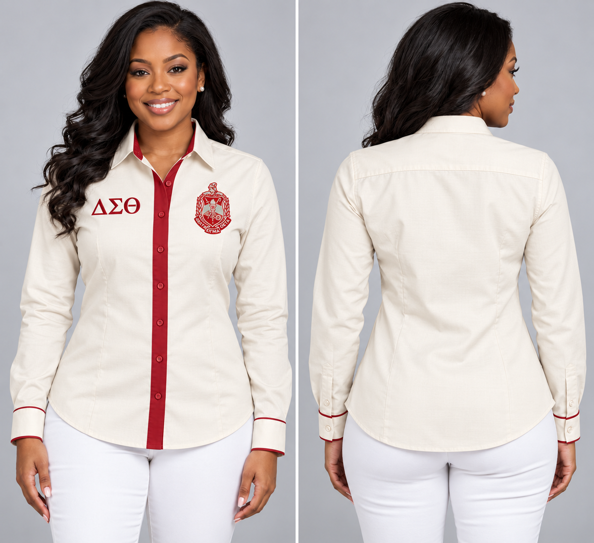 Delta Sigma Theta fitted cream and deep crimson Oxford shirt with embroidered crest and ΔΣΘ, front and back on a model