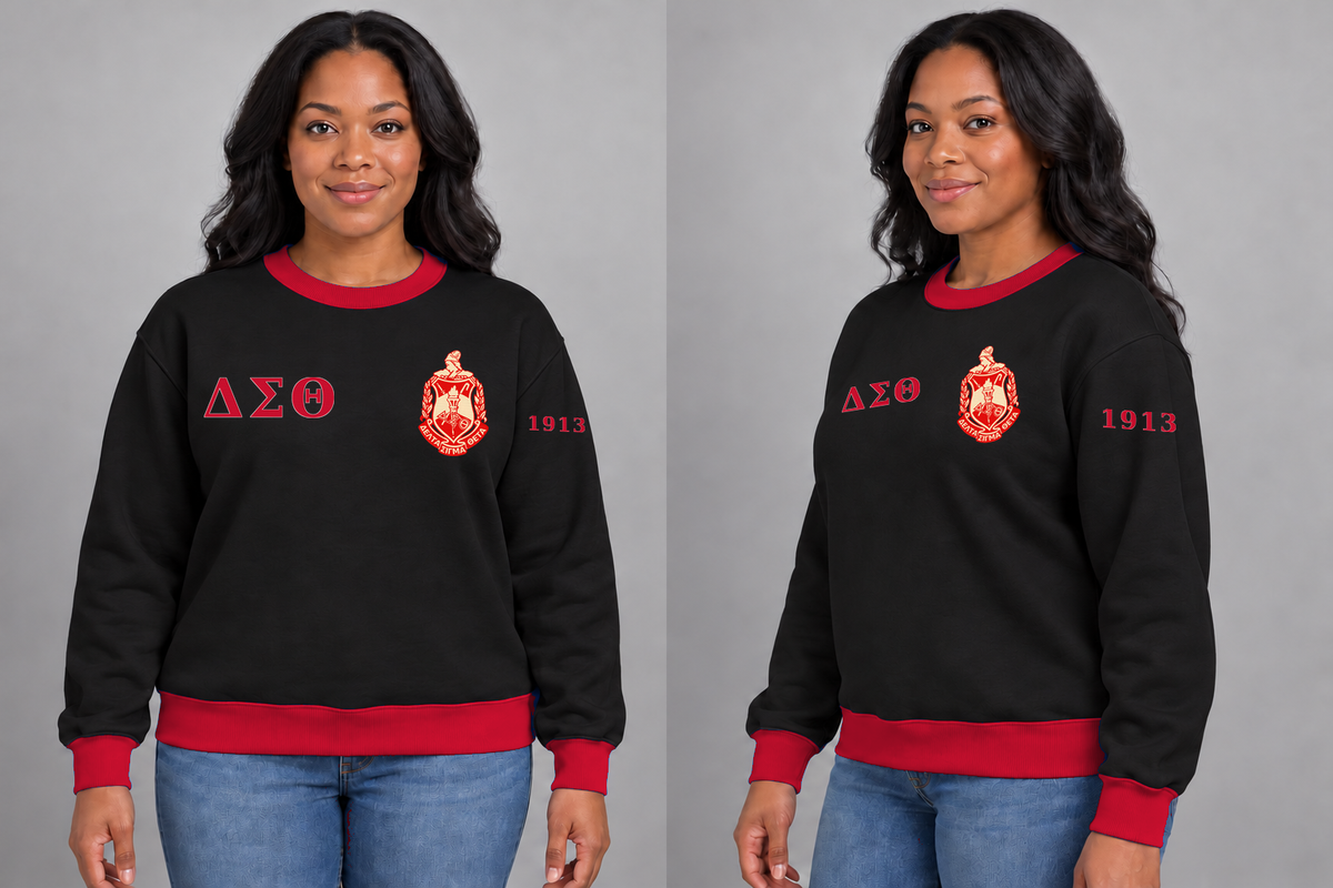 Delta Sigma Theta premium embroidered black solid contrast trim crewneck sweatshirt on model - front and side