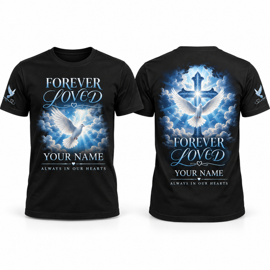 Custom Memorial & Tribute full-color printed black T-shirt front back and sleeve sample