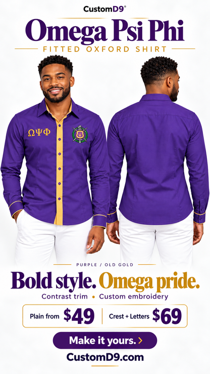 Omega Psi Phi purple and old gold fitted embroidered Oxford shirt reel-poster, front and back on male model