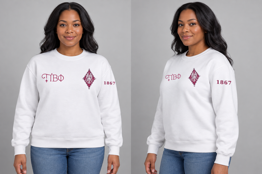 Pi Beta Phi premium embroidered white solid crewneck sweatshirt on model - front and side