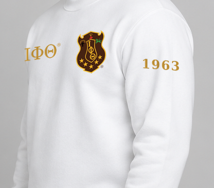 Iota Phi Theta premium embroidered white solid crewneck sweatshirt on model - founding year sleeve detail