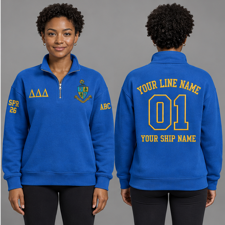 Delta Delta Delta Cerulean Blue and Gold personalized quarter-zip sweatshirt on an adult model, original supplied crest and ΔΔΔ letters, sample line name, line number01, ship name, crossing year and chapter initials.