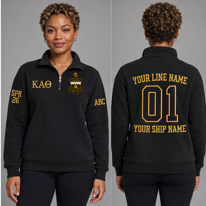 Kappa Alpha Theta Black and Gold personalized quarter-zip sweatshirt on an adult model, original supplied crest and ΚΑΘ letters, sample line name, line number01, ship name, crossing year and chapter initials.