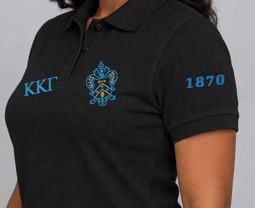 Kappa Kappa Gamma premium embroidered black solid polo on model - founding year sleeve detail