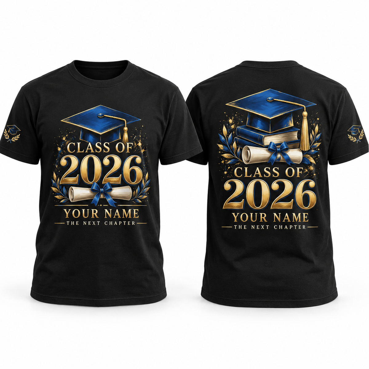 Custom Graduation full-color printed black T-shirt front back and sleeve sample