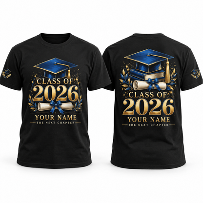 Custom Graduation full-color printed black T-shirt front back and sleeve sample