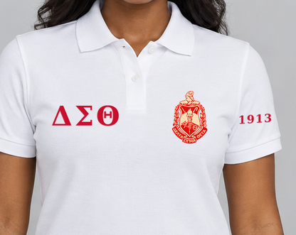 Delta Sigma Theta premium embroidered white solid polo on model - chest embroidery close-up