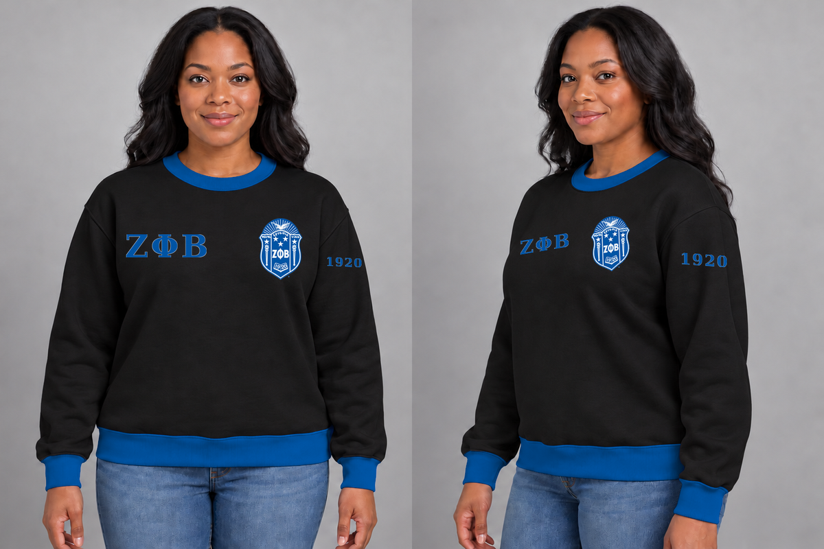 Zeta Phi Beta premium embroidered black solid contrast trim crewneck sweatshirt on model - front and side
