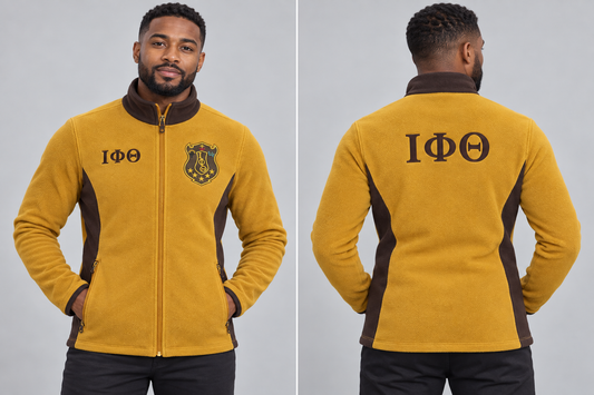Iota Phi Theta fitted Old Gold and Charcoal Brown polar fleece jacket on man model, front and back