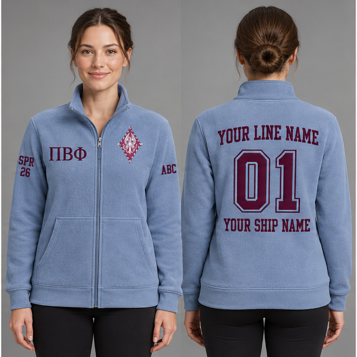Pi Beta Phi Silvery Blue and Wine personalized full-zip sweatshirt on an adult model, original supplied crest and ΠΒΦ letters, sample line name, line number01, ship name, crossing year and chapter initials.