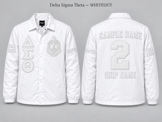 Delta Sigma Theta Whiteout line jacket with sample front back and sleeve embroidery