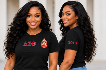 Delta Sigma Theta Black classic printed T-shirt — model front and side