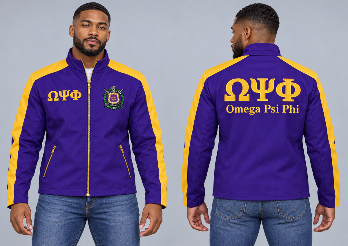 Black man modeling Omega Psi Phi royal purple and old gold custom embroidered contrast racing jacket, front and back views.