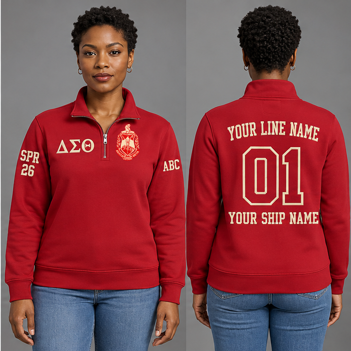 Delta Sigma Theta Crimson and Cream personalized quarter-zip sweatshirt on an adult model, original supplied crest and ΔΣΘ letters, sample line name, line number01, ship name, crossing year and chapter initials.
