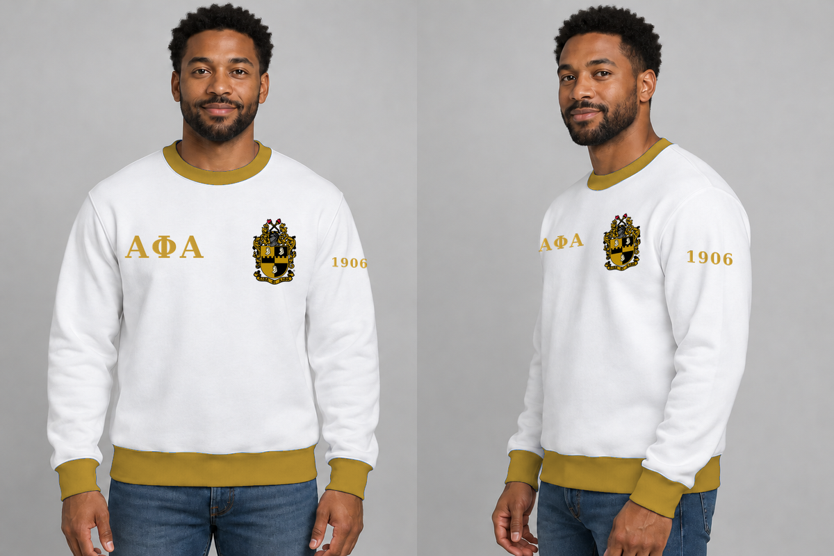 Alpha Phi Alpha premium embroidered white solid contrast trim crewneck sweatshirt on model - front and side