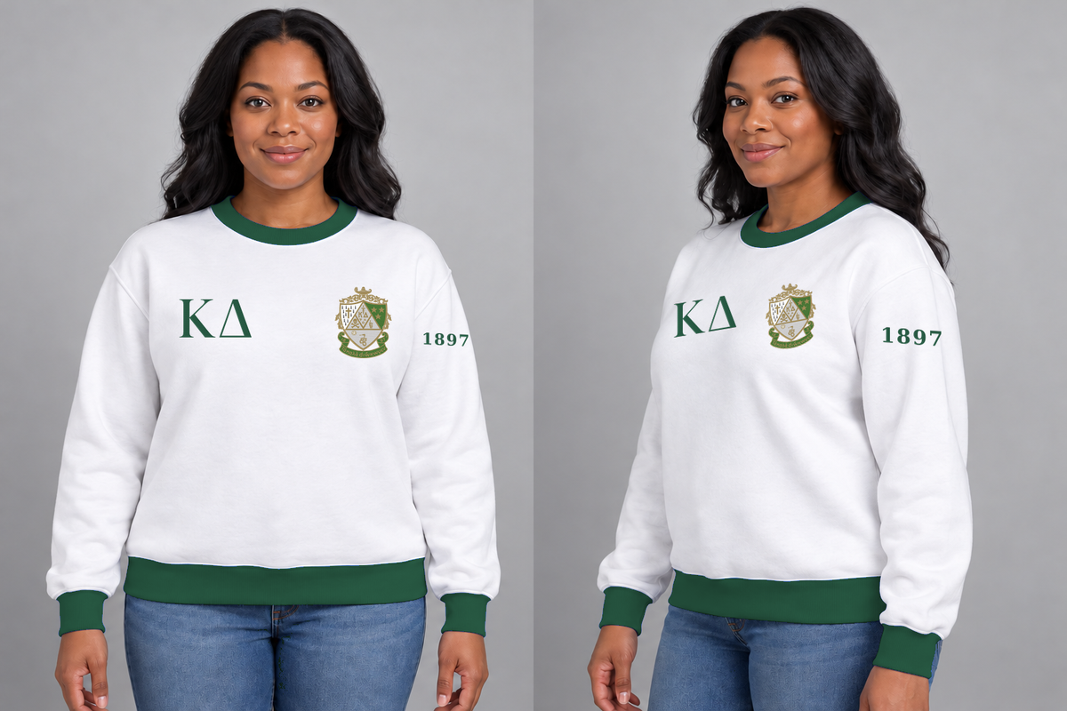 Kappa Delta premium embroidered white solid contrast trim crewneck sweatshirt on model - front and side